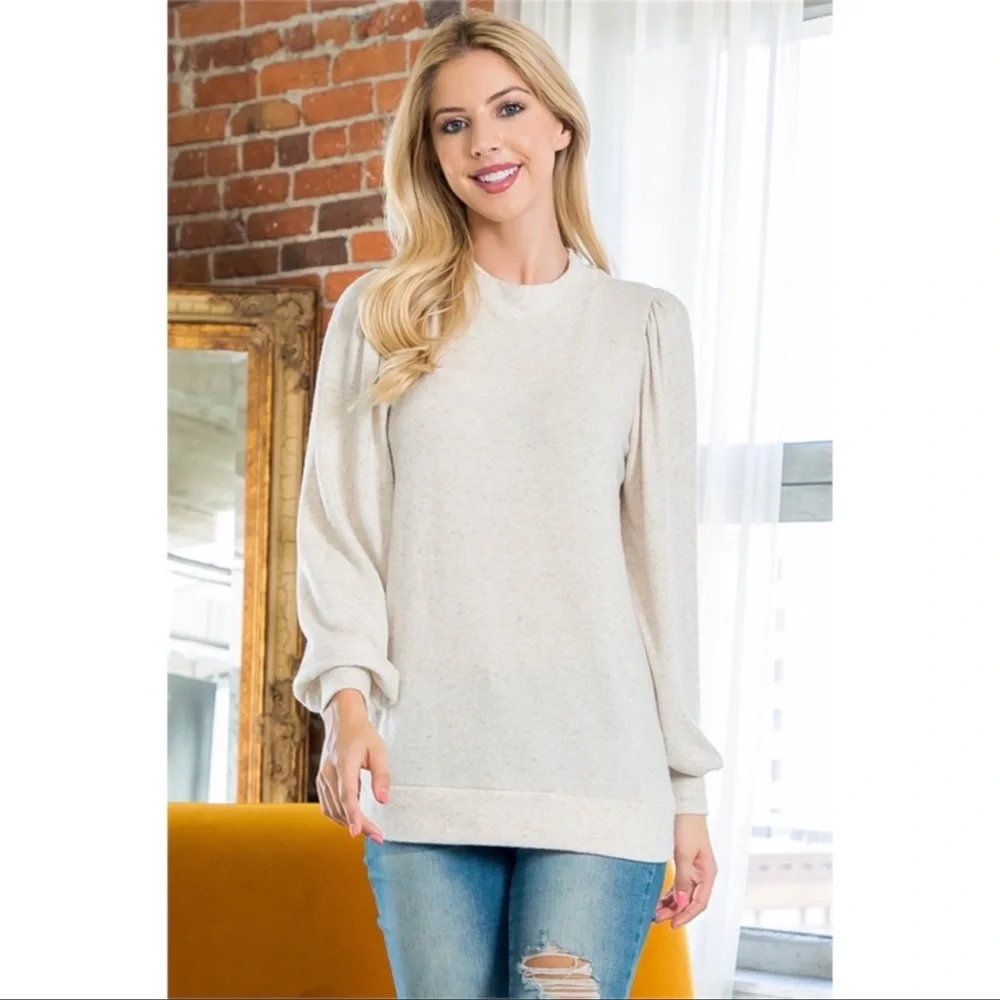 NEW- Crew Neck Puff Sleeve Top, Color: Oatmeal/Flax, Size: XL - Picture 4 of 16
